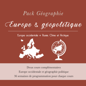Pack de géographie Année 7 réunissant deux cours complémentaires, Europe occidentale et géopolitique, illustré par une carte de l’Europe et un globe terrestre.
