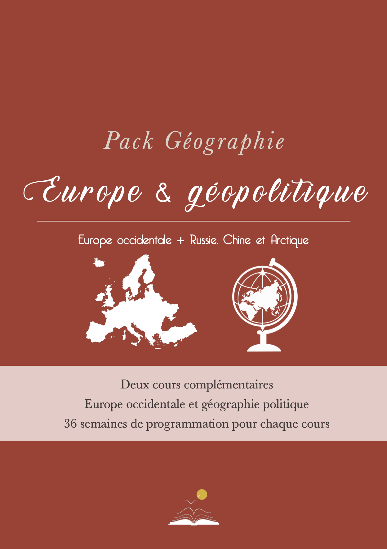 Pack de géographie Année 7 réunissant deux cours complémentaires, Europe occidentale et géopolitique, illustré par une carte de l’Europe et un globe terrestre.