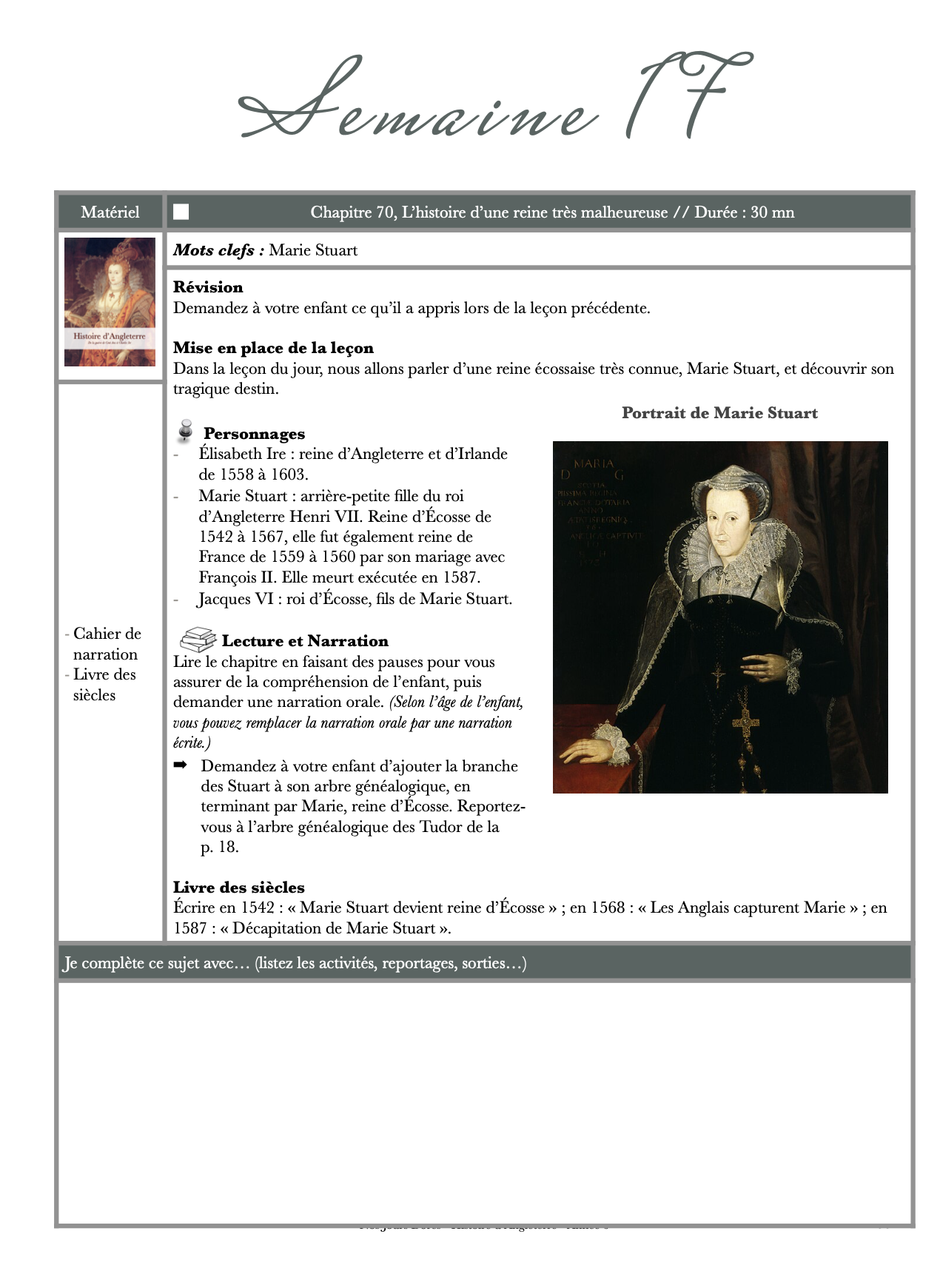 Extrait sur Marie Stuart d'Ecosse – du cours d’histoire d’Angleterre Année 6