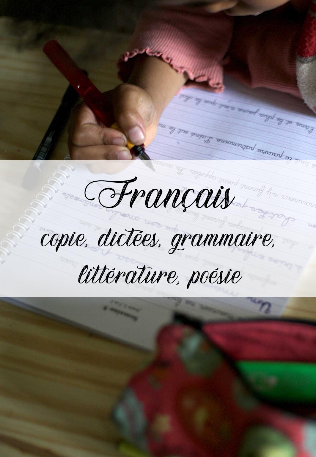 Catégorie de ressources pour enseigner l'étude du français aux enfants avec la pédagogie Charlotte Mason : copie, dictées, grammaire, littérature