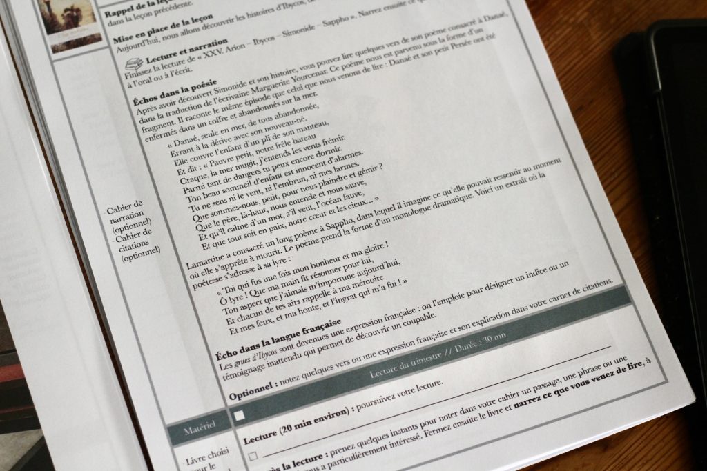 Extrait des échos dans la poésie et la langue françaises du programme de Charlotte Mason pour la littérature en Form IIA