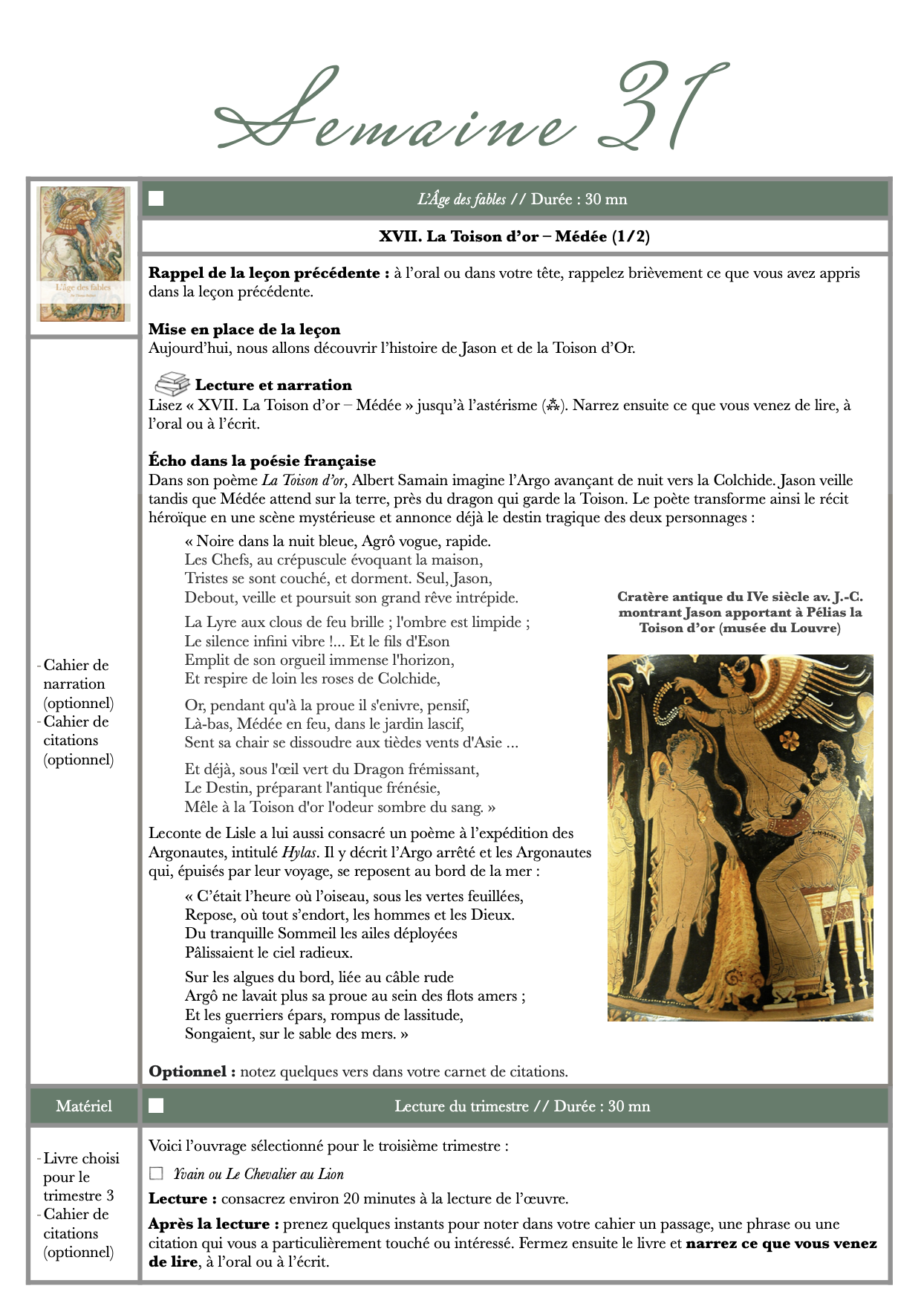 Aperçu du programme de littérature Année 5 avec L’Âge des fables de Thomas Bulfinch et les œuvres littéraires suivies